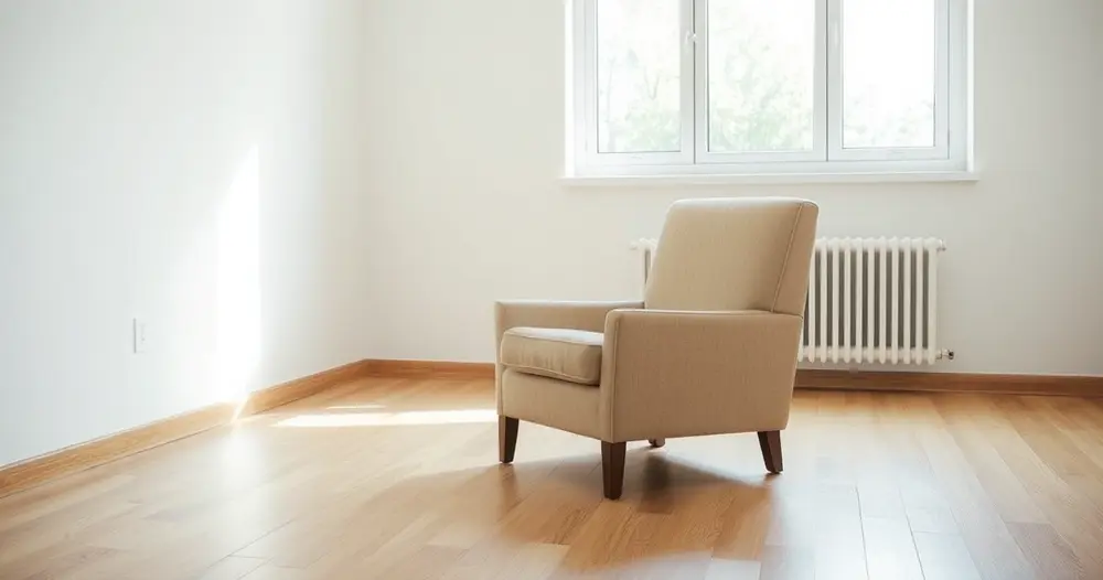 Poltrona bege sozinha em sala clara com piso de madeira