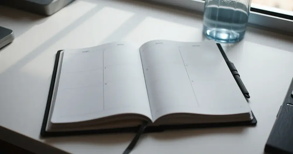Planner semanal aberto sobre mesa branca ao lado de uma garrafa de água